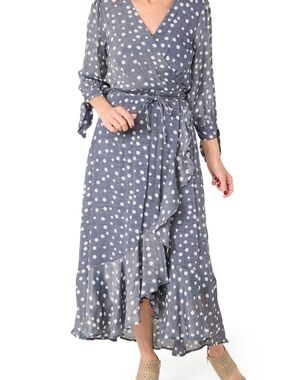 Blue Polka Dot High-Low Wrap Dress with Ruffle Hem